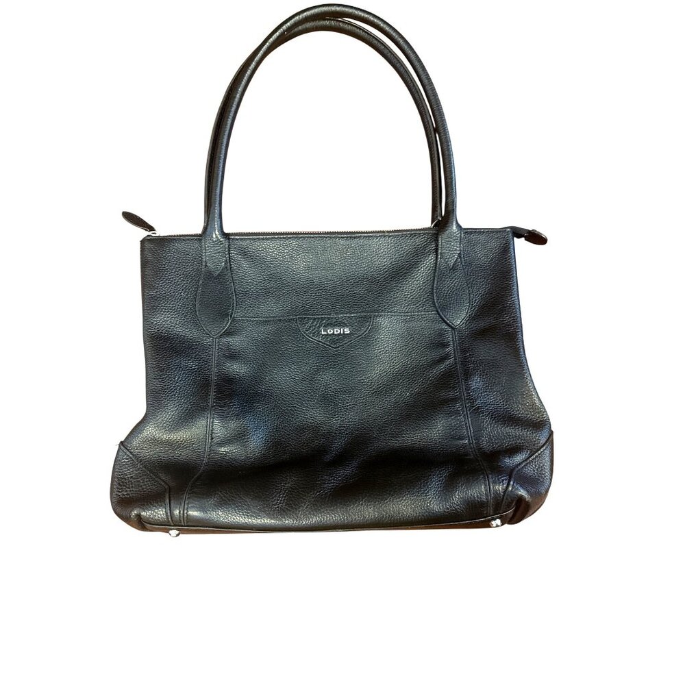 Lodis Black Leather Tote Shoulder Bag Pebbled Leather Zip Top Large Work Purse